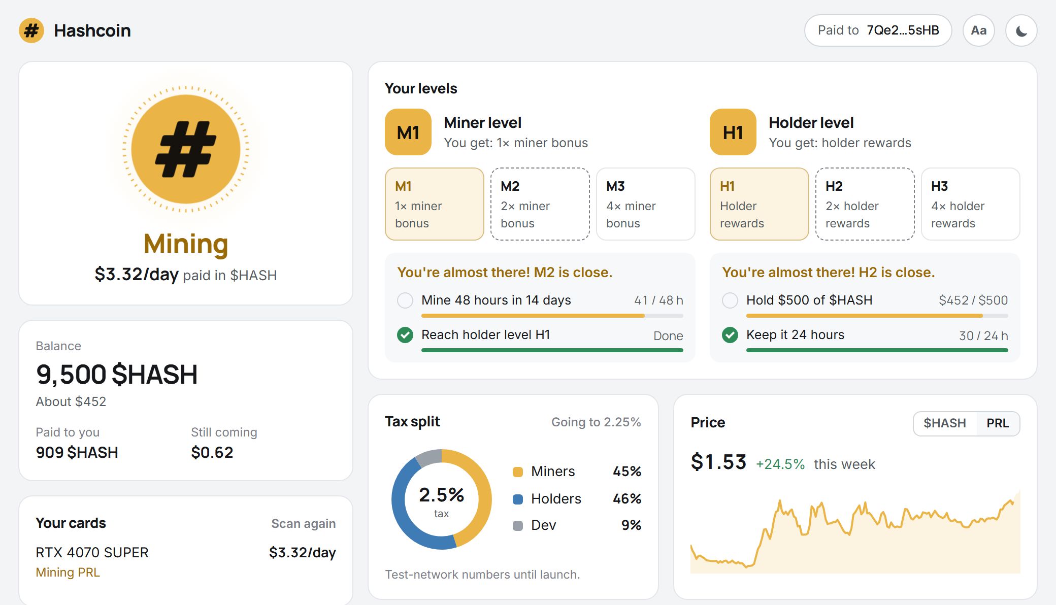 The Hashcoin app in light mode while mining.